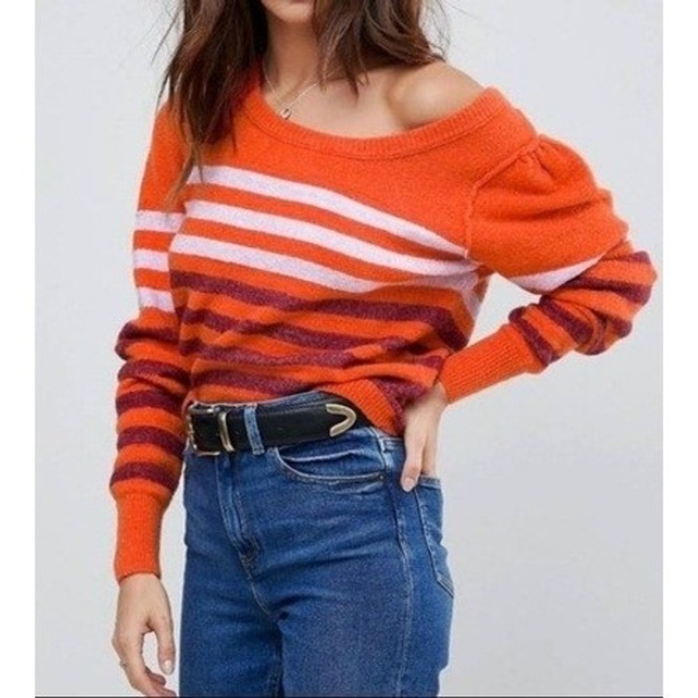 NWT Free People Alpaca Cotton Blend 'Complete Me Orange' Stripe Sweater Size S